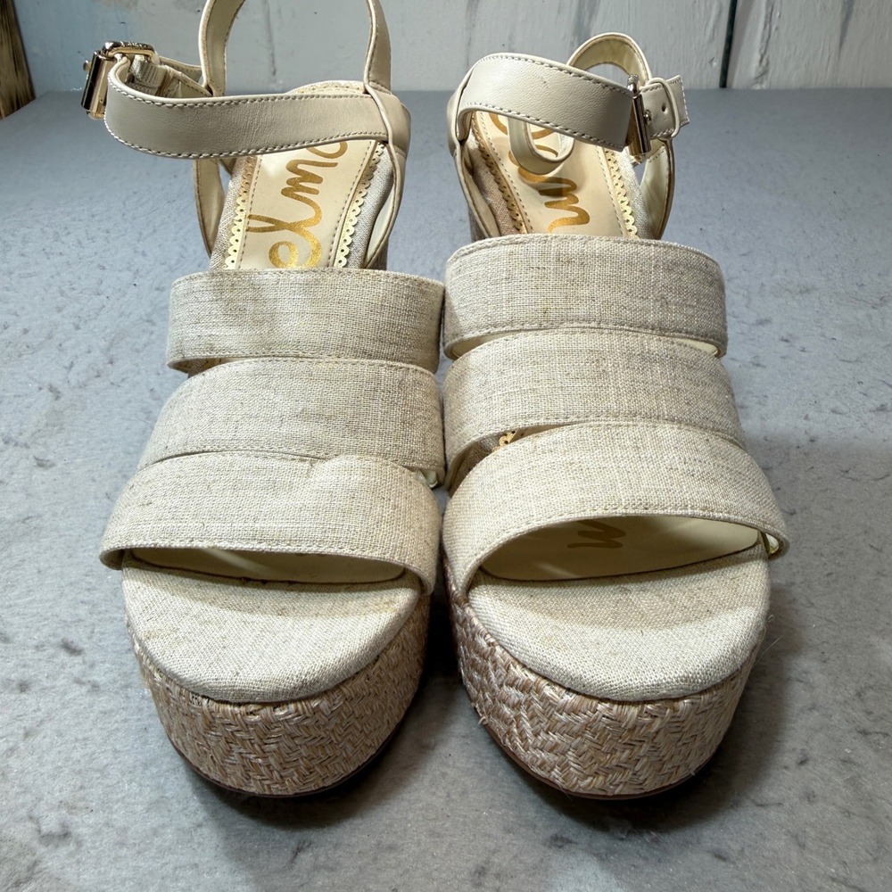 Sam Edelman Liora Platform Sandals Womens 7.5 Cream Beige Woven Wedge Strappy 80